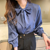 New Bow White Blouse Women 2022 Button Office Lady Long Sleeve Blue Chiffon Shirt Autumn Tops Woman Clothes Pocket Womens Shirts