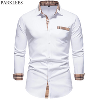 PARKLEES 2023 Autumn Plaid Patchwork Formal Shirts for Men Slim Long Sleeve White Button Up Shirt Dress Business Office Camisas