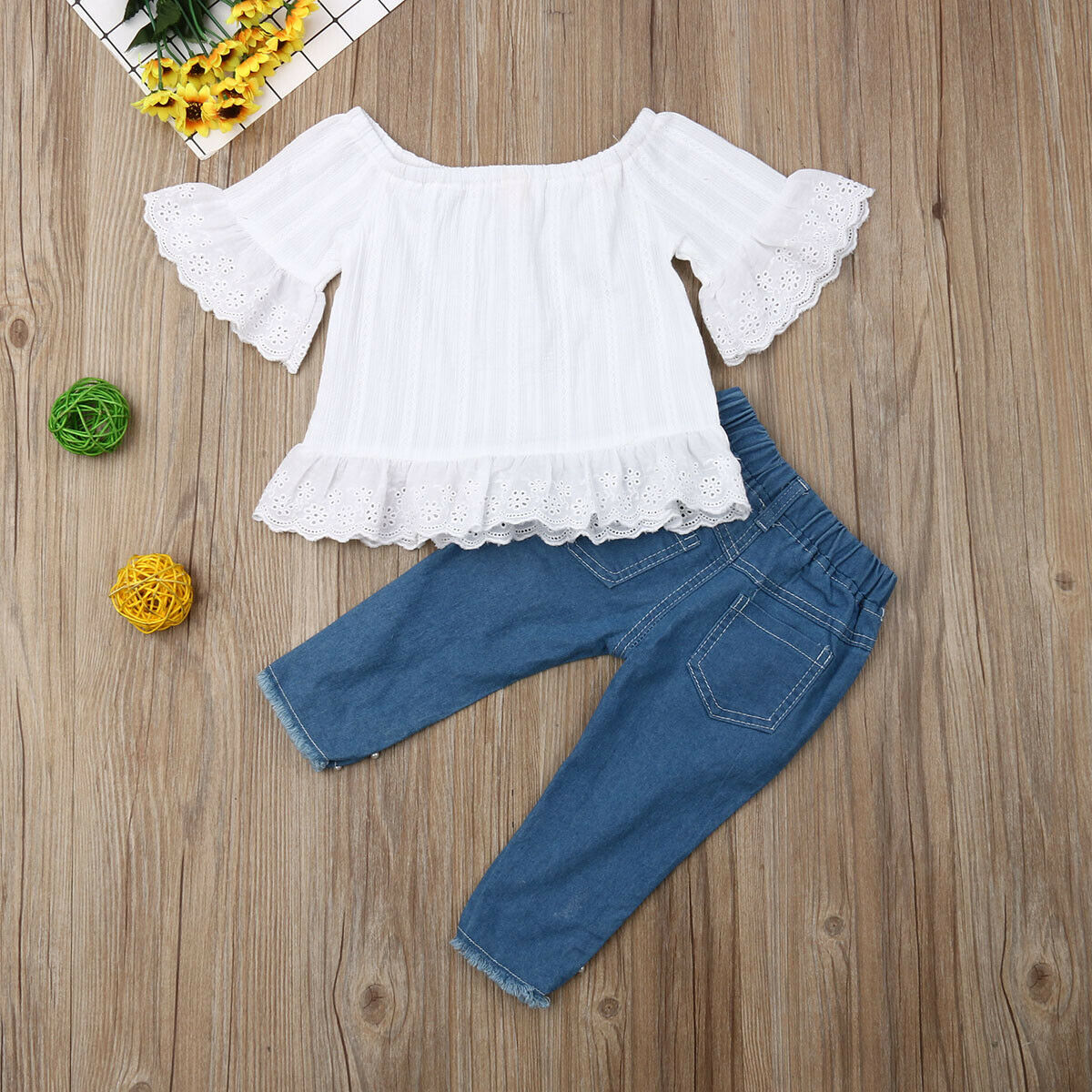 Fashion 1-6Y Baby Girls Clothes Sets Girl White Tops T-shirt Kids Denim Long Pants Jeans Toddler Outfits Set 2Pcs Suits Outfits