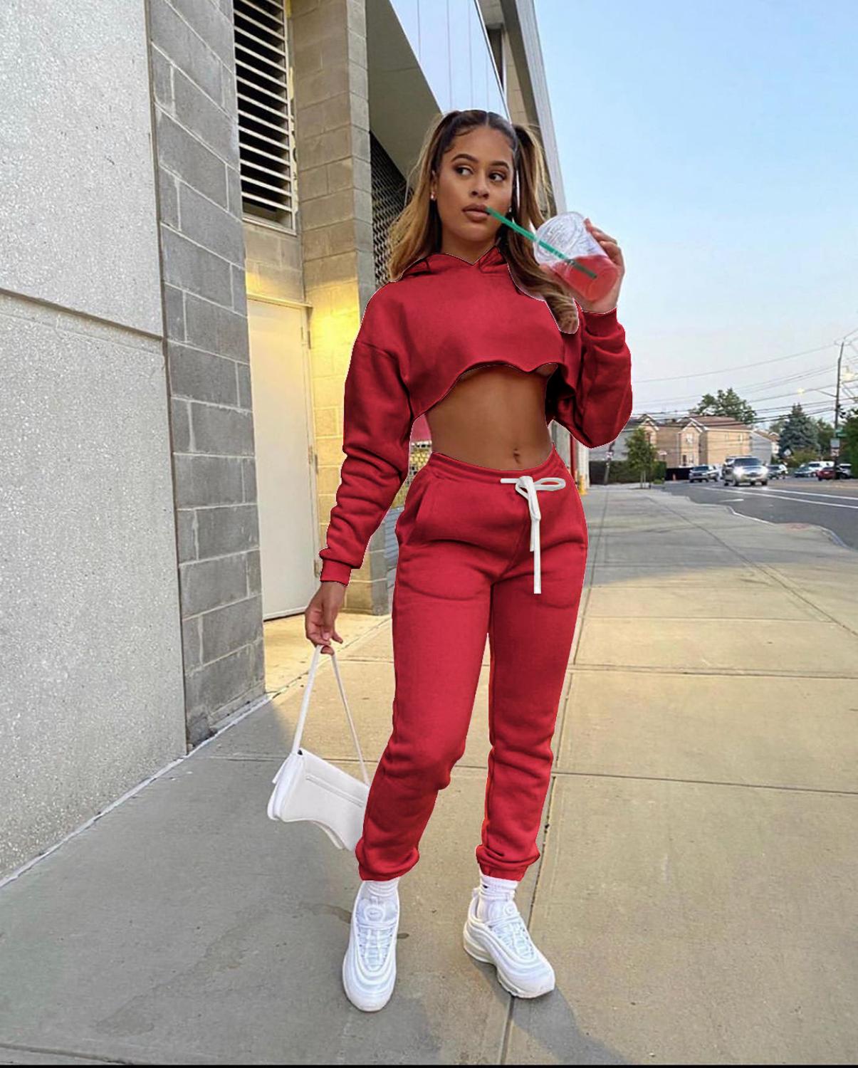 Casual Thick Fleece Tracksuit Women Jogger 2020 Autumn Winter Drawstring Long Sleeve Crop Top Sweatpants Sweatsuit Two Piece Set