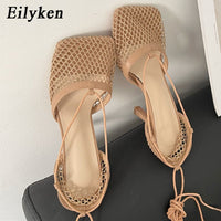 Eilyken Summer Autumn Sexy Mesh Pumps Sandals Female Square Toe High Heel Lace Up Cross-tied Stiletto Hollow Dress Stripper Shoe