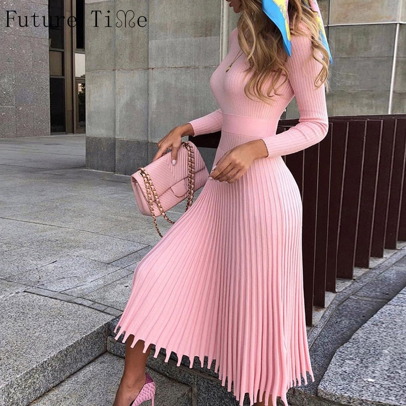 Future Time Women Knitted Long Dress Autumn Winter Slim Sleeve Ladies Dresses Elegant Party Female Sweater Bodycon Dress F792