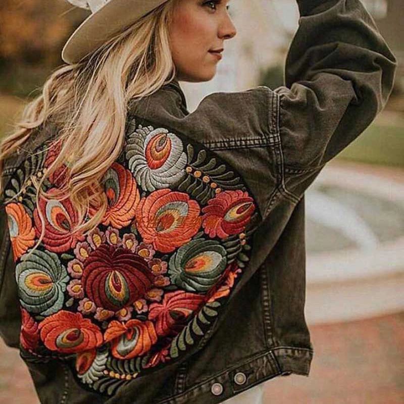 JSXDHK Streetwear Floral Embroidery Denim Jacket Coat Vintage Women Spring Autumn Turn Down Collar Loose Casual Cowboy Outwear