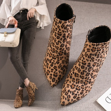 Boots Women Autumn Ankle Boots Sexy Flock High Heels 7CM Point Zipper Leopard Half Short Winter Boots