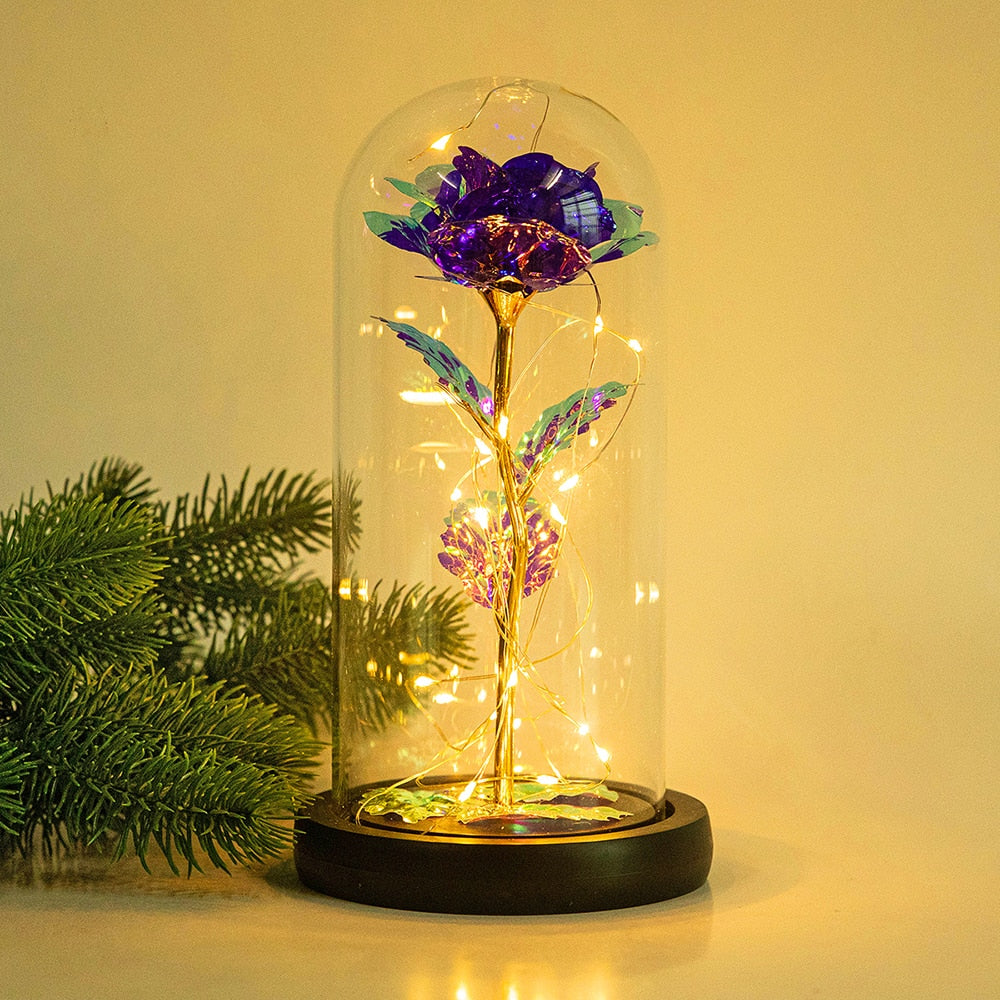 Artificial Eternal Rose LED Light Beauty The Beast In Glass Gold Foil Flower