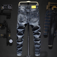 Biker Jeans Men Dark Blue Stretch Slim Fit Ripped Distressed Streetwear Denim Pants