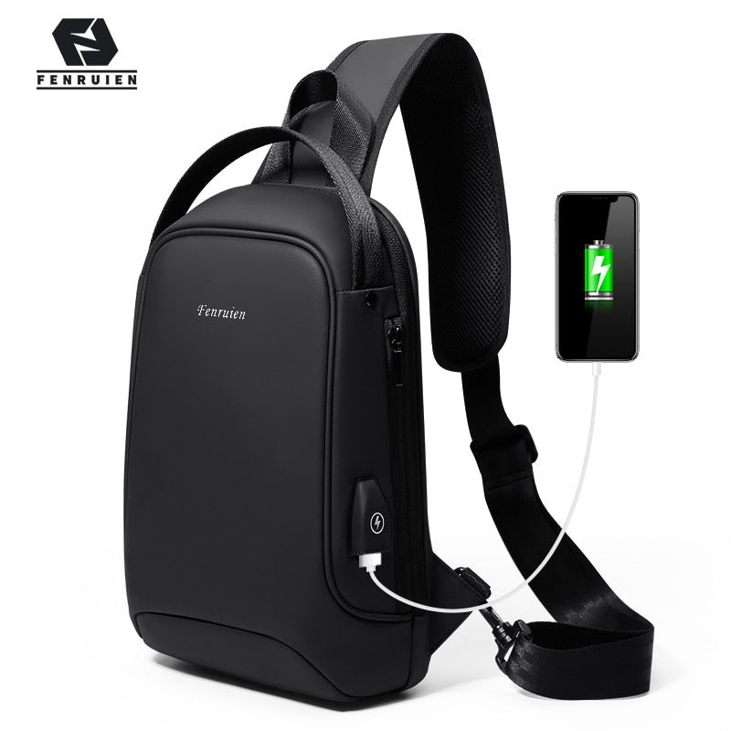 Fenruien Men Shoulder Bag for 9.7&quot; iPad USB Charging Chest Bag Short Trip Water Repellent Crossbody Bag Black 2020 New