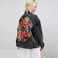 JSXDHK Streetwear Floral Embroidery Denim Jacket Coat Vintage Women Spring Autumn Turn Down Collar Loose Casual Cowboy Outwear