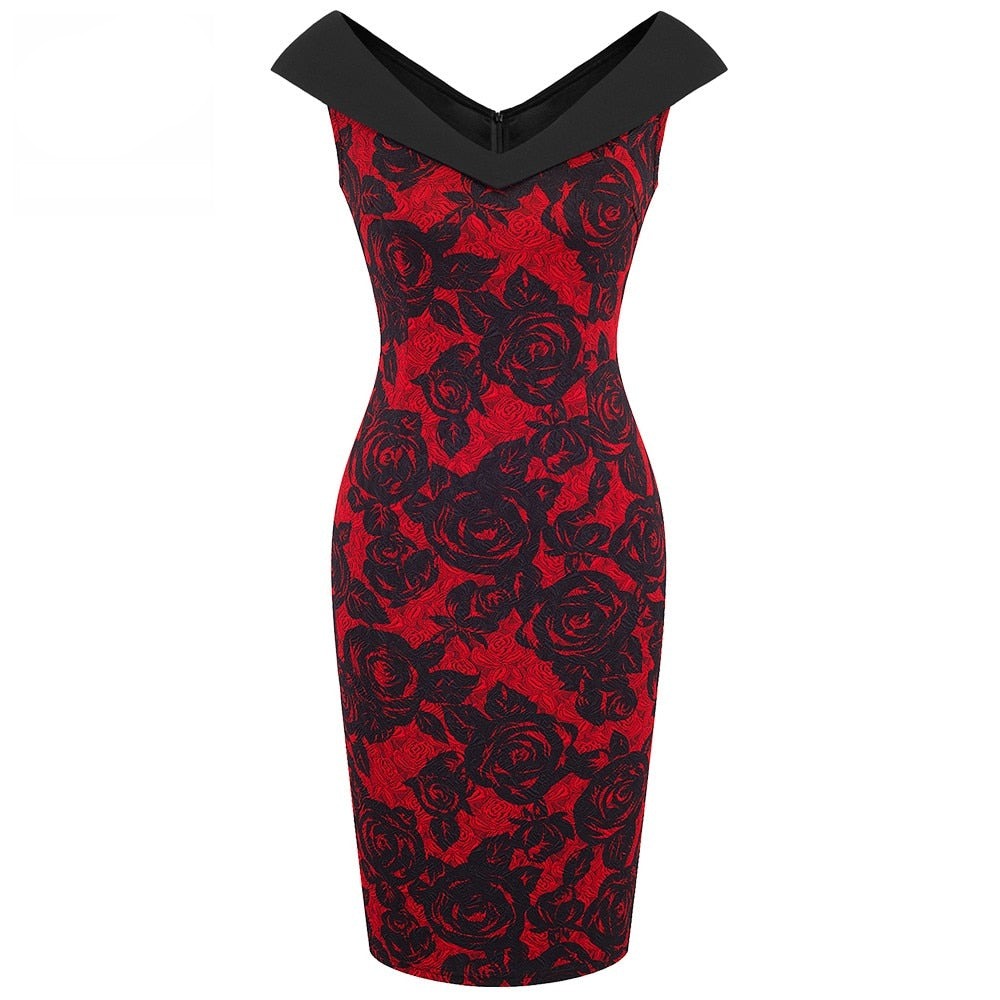 Women Sexy Floral Elegant V Neck Sheath Fitted Casual Work Party Sexy Sleeveless Pencil Dress