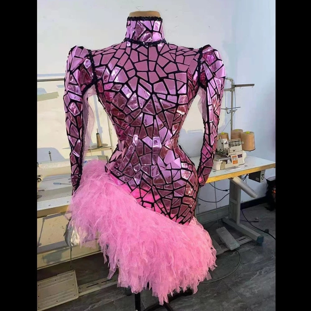 Sparkly pink laser dress singer stage dance gogo  Sexy Prom Dress Latin Dance Stage Short Dress Club Performance Wear