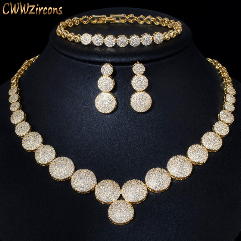 CWWZircons Top Quality Cubic Zircon Dubai Gold Color Necklace Jewelry Set for Women Wedding Evening Party Dress Accessories T349