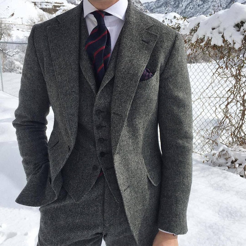 Gray Wool Tweed Winter Men Suit&#39;s For Wedding Formal Groom Tuxedo Herringbone Male Fashion 3 Piece (Jacket +Vest +Pants+Tie)