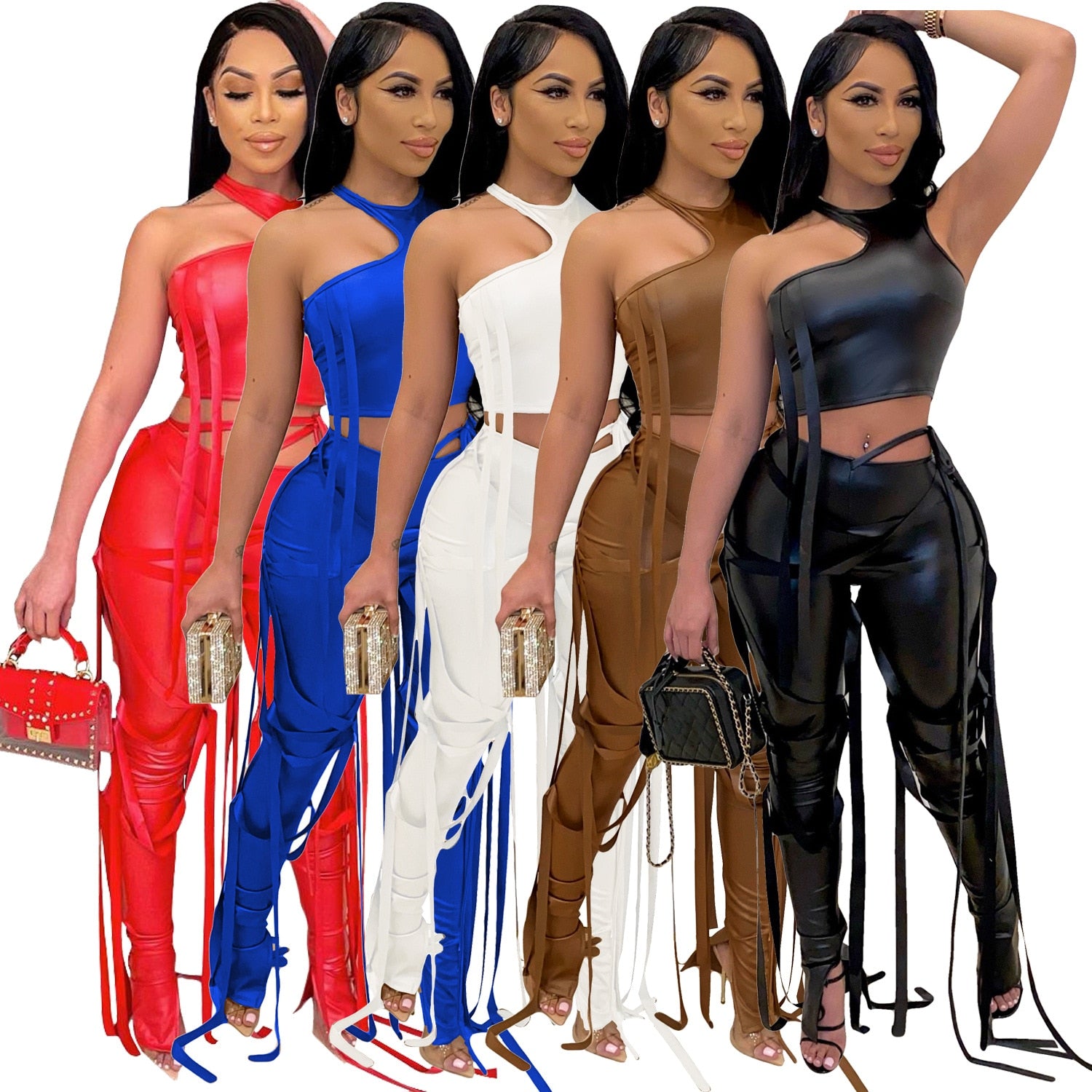 PU Leather Bandage Two Piece Set Women Sexy One Shoulder Crop Top + Lace Up Slit Hem Pants Club Party 2 Piece Set Outfits y2k