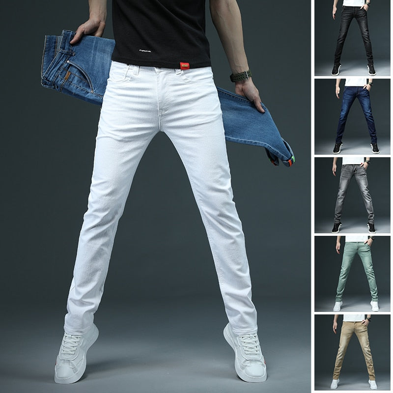 2022 New Men&#39;s Skinny White Jeans Fashion Casual Elastic Cotton Slim Denim Pants