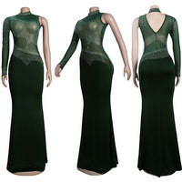 Rhinestone Women Long Maxi Dress Sheer Mesh Patchwork See Through One Shoulder Evening Party Fitness Dress Sexy Club Bodycon