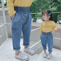 Lioraitiin 0-5Years Toddler Baby Girl&#39;s Jeans All-Match Elastic Waist Denim Ripped Pants