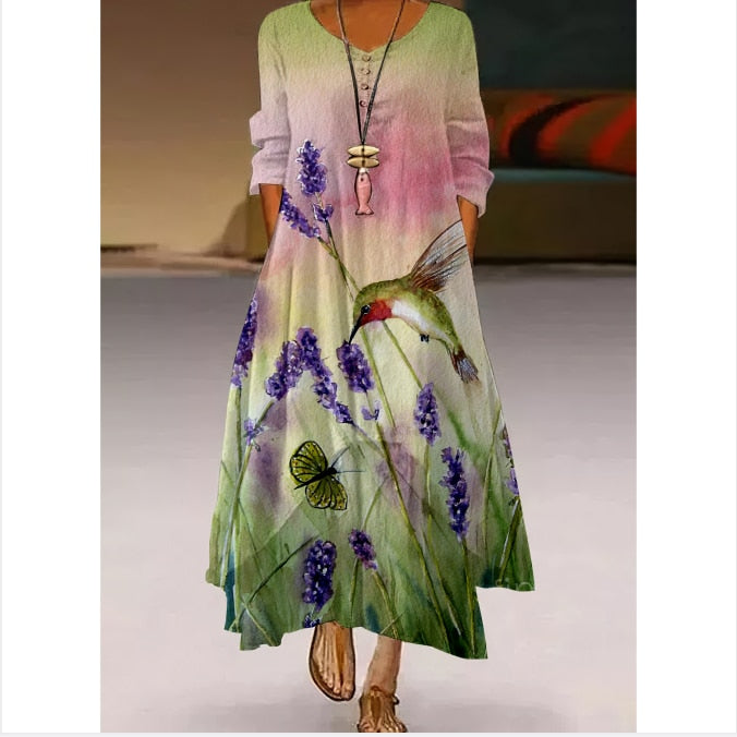 Floral Parrot Print Maxi Long Dress Women's Fashion Party Evening Dresses Sexy high Waist Robe Summer Long Sleeve Elegant Dress