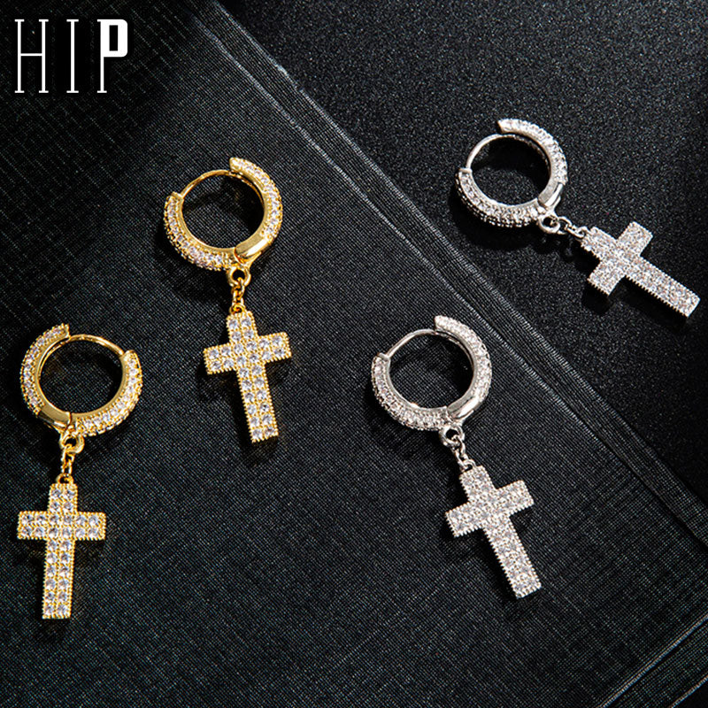 Hip Hop Cubic Zirconia Bling Iced Out Cross Earring Copper Earrings for Men Women Rock Jewelry