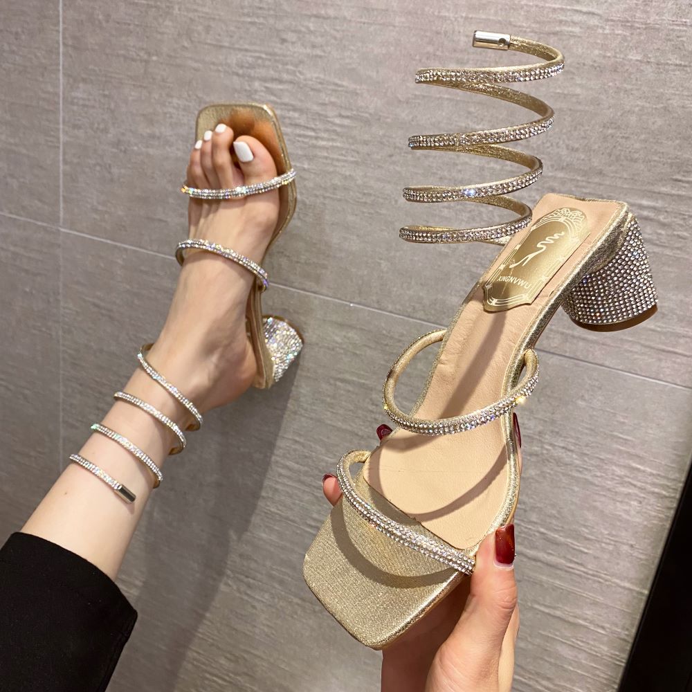 2023 Summer Luxury Women Sandals For Weddings Bride Shoe Golden Sandal Rhinestone Snake Wrap High Heel Birthday Party Shoes