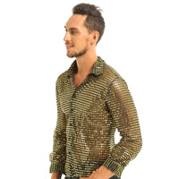 Mens Tuxedo Shirts Shiny Sequins See Through Mesh Long Sleeve Clubwear