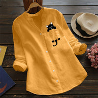 Women Cat Shirt Linen Blouse Long Sleeve Kawaii Blouses Tops Laple Pocket Down collared shirts Spring Woman Clothes