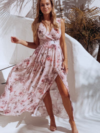 Summer Women Print V Neck Split Maxi Dress Floral Spaghetti Strap Elegant Party Chiffon Elegant Casual Beach Dresses Female