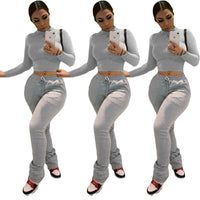 Sexy Women Workout Two Piece Set Casual Solid Long Sleeve Crop Tops T-Shirt Leggings