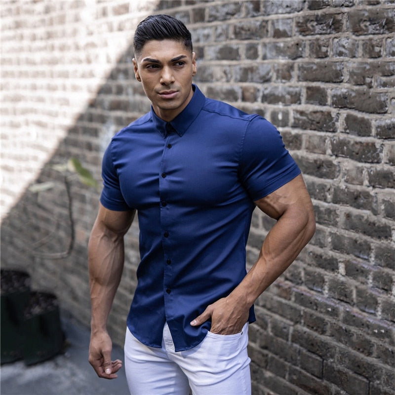 Men Fashion Casual Short Sleeve Solid Shirt Super Slim Fit Social Business Dress