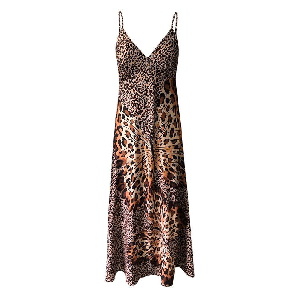 Sexy Dress Women Deep Deep V Leopard Butterfly Wrap Sling Sleeveless Nightclub Beach Dress Long Dress Beach Casual Print Dresses