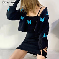 Sexy Butterfly Cardigan Korea style Long sleeve Sweater Slash Collar hips Dress 1 Set