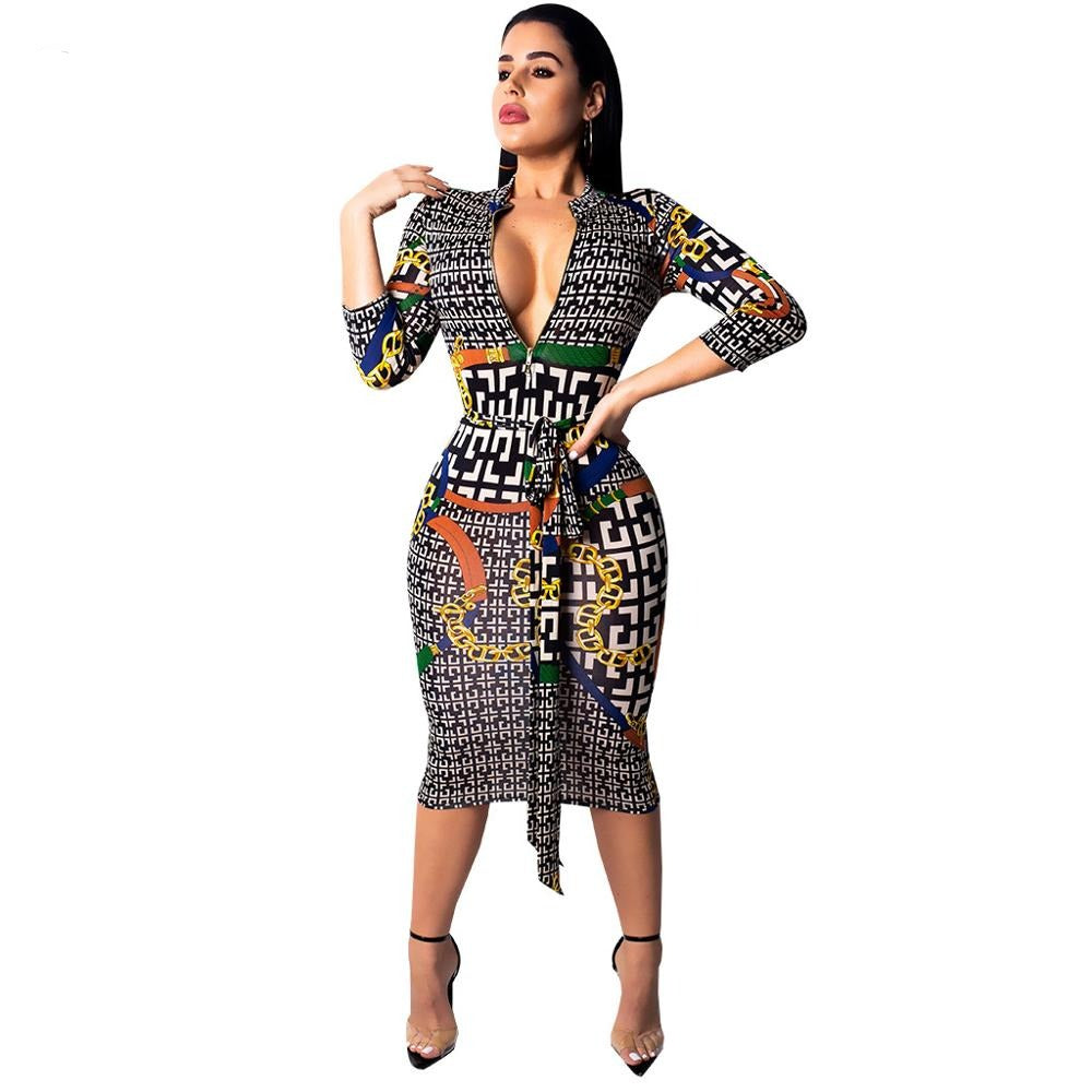 2019 Sexy Spring Print Women Casual Dress Zipper Stand Neck Half Sleeve Sexy Bodycon