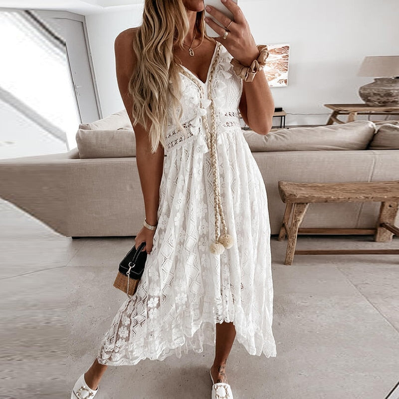 Off Shoulder Lace Patchwork Elegant Dress Women Summer 2023 V Neck Spaghetti Strap Dress Female New Fashion Solid Party Dresses