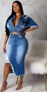 2020  Sexy Jeans Skirt Suit Set Denim Two Piece Sets Women Casual Short Sleeve Top