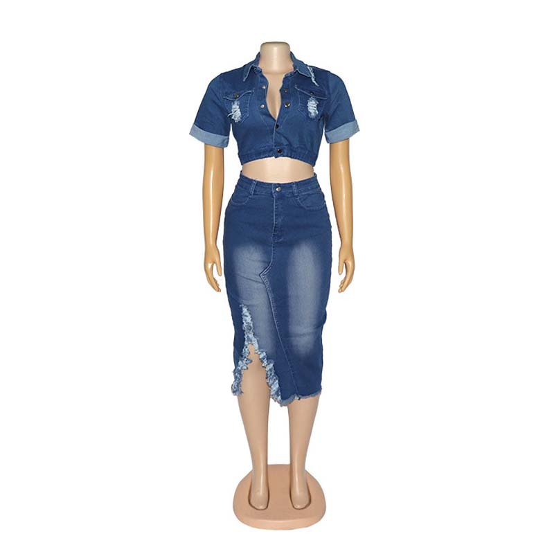 2020  Sexy Jeans Skirt Suit Set Denim Two Piece Sets Women Casual Short Sleeve Top