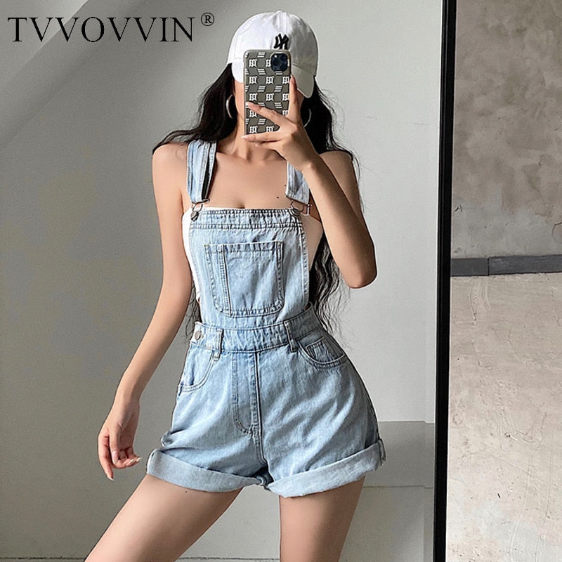 TVVOVVIN Korea Style High Waist Slim Flanging Wide Leg Denim Playsuits Shorts Hot Girl Female Rompers 732S