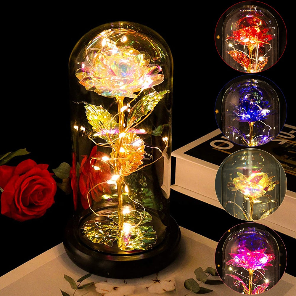 Artificial Eternal Rose LED Light Beauty The Beast In Glass Gold Foil Flower