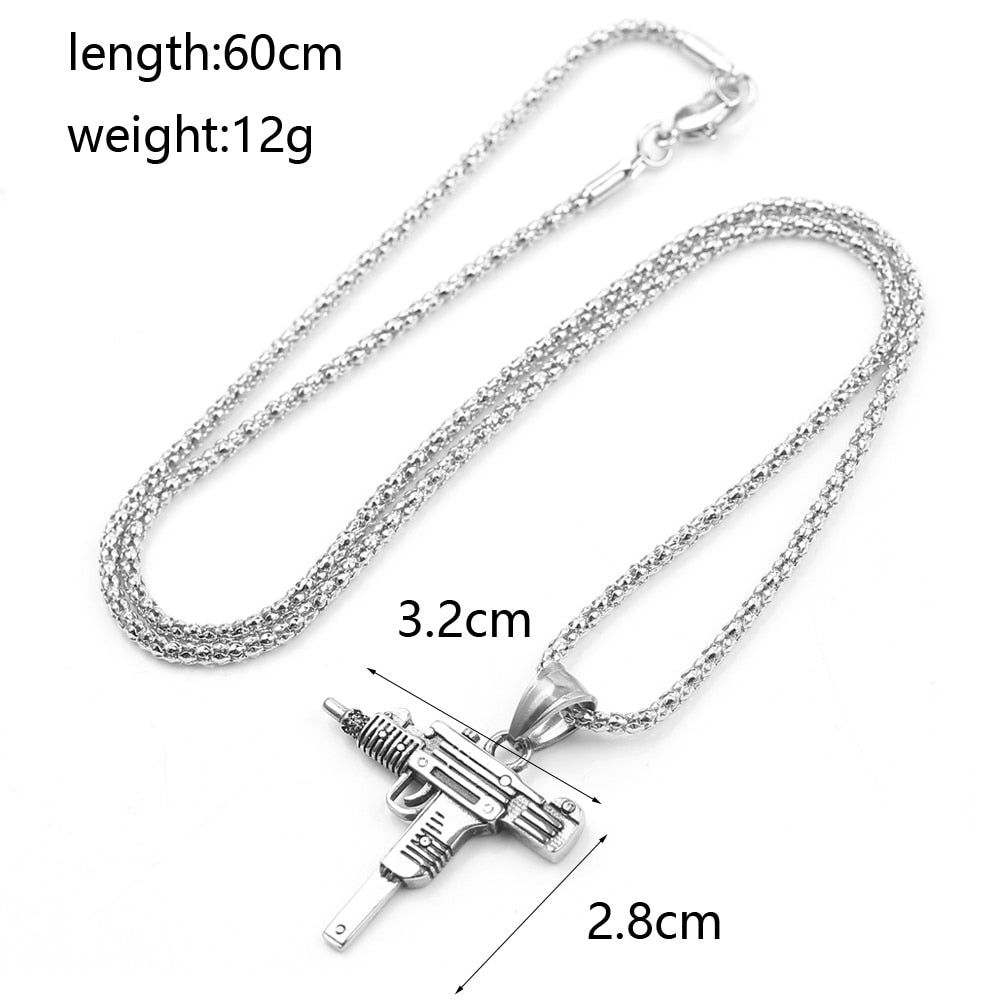 Cool Gothic Hip Hop UZI Kolye GUN Shape Pendant Necklace Gold Black Silver Color Army Style Male Chain Men Necklaces  Jewelry