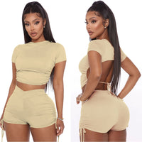 Women Sexy Summer Solid Open Back Crop Top Stacked Shorts Jogger Pnats Suit Two Piece Set