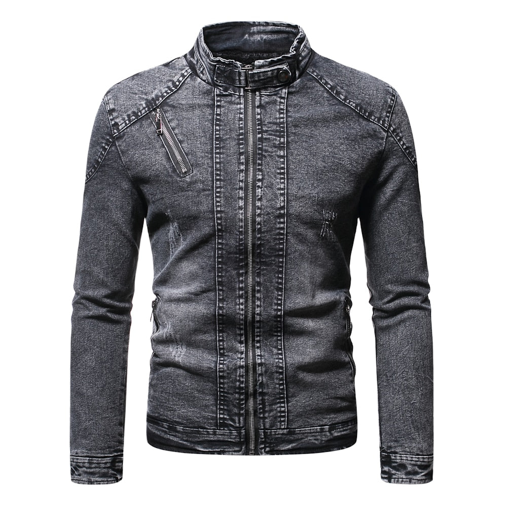 Denim Jacket Men Moto Biker Jean Jacket Autumn Winter Fashion Solid Plus Velvet Stand Collar Mens Denim Jacket Casual Coat Men