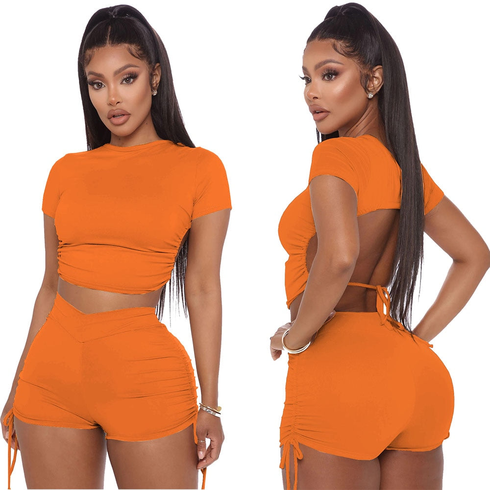 Women Sexy Summer Solid Open Back Crop Top Stacked Shorts Jogger Pnats Suit Two Piece Set