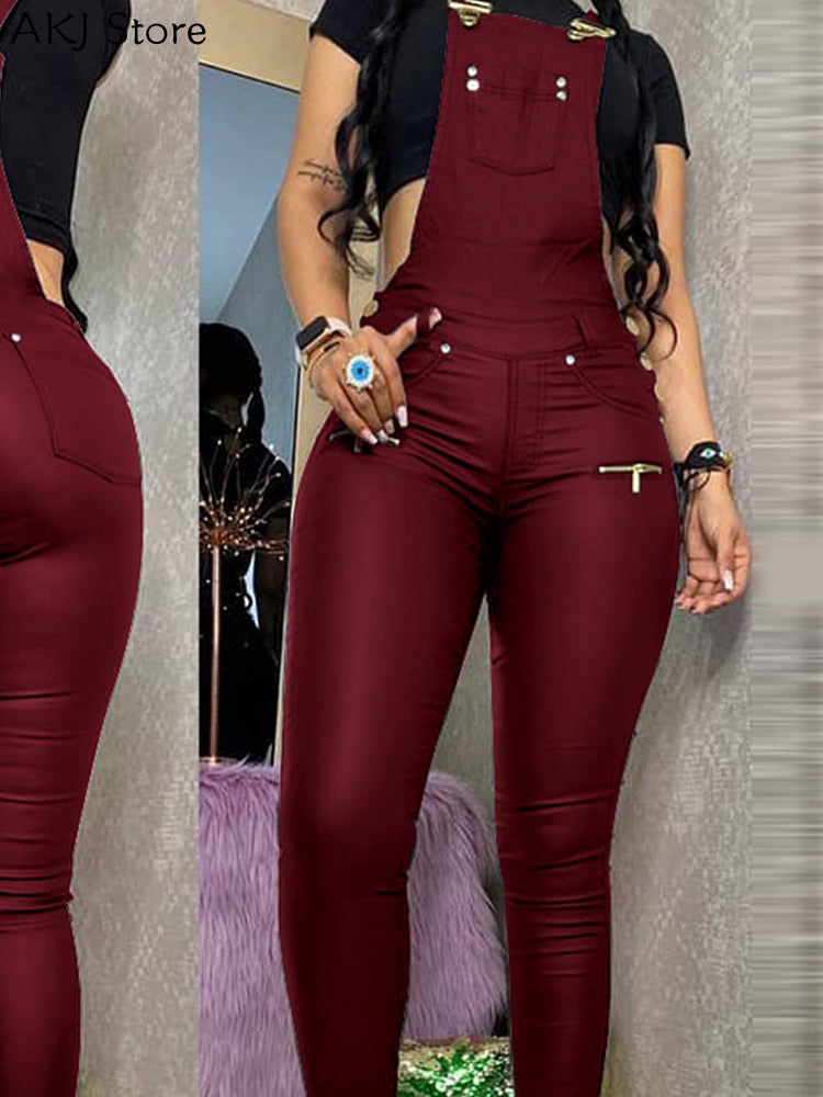 Women Sexy One Piece Outfits PU Jumpsuits Buckled Zipper Design Suspender Jumpsuit