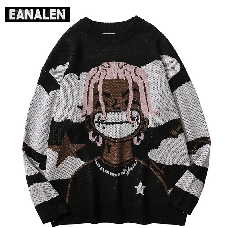 Harajuku vintage cartoon anime knitted sweater men winter oversized men&#39;s rock hip hop rap pullover women jumper ugly sweater