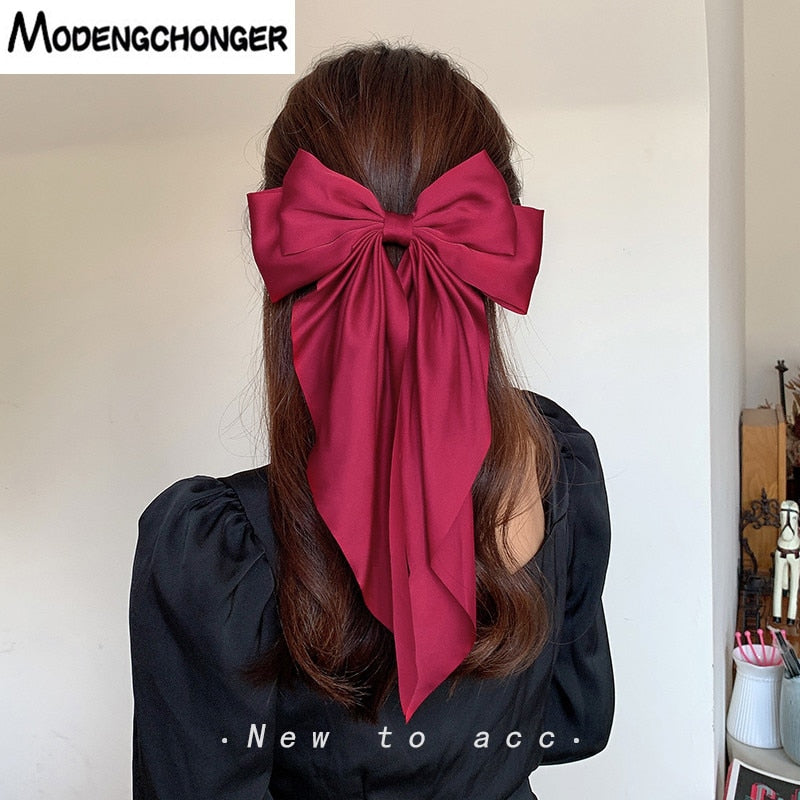 Solid Color Big Large Satin Bow Hairpins Barrettes For Women Girl Wedding Long Ribbon Korean Hair Clip Hairgrip Hair Accessories