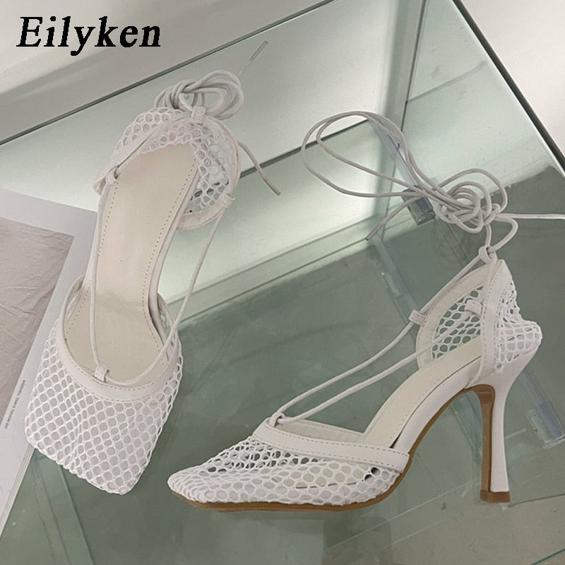 Eilyken Summer Autumn Sexy Mesh Pumps Sandals Female Square Toe High Heel Lace Up Cross-tied Stiletto Hollow Dress Stripper Shoe