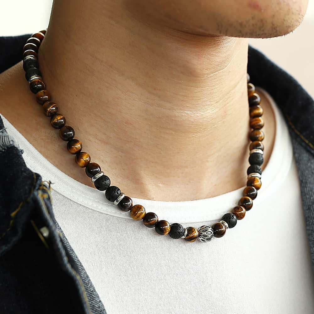 8mm Natural Stone Tiger Eyes Lava Bead Necklace Stainless Steel Beaded Charm Choker Neck Chain Fashion Male Jewelry 18/20inch