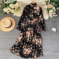 2021 Vintage Floral Print Stand collar Chiffon Dress