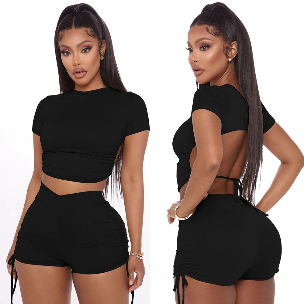 Women Sexy Summer Solid Open Back Crop Top Stacked Shorts Jogger Pnats Suit Two Piece Set