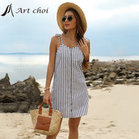 New Women Sexy Mini Spaghetti Strap Dress Summer Stripe Sundress Sleeveless Backless Button Bandage Bodycon Ladies Party Vestido