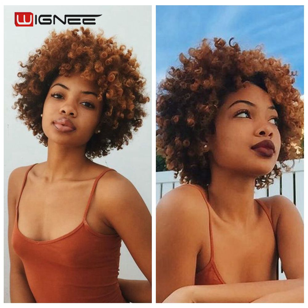 Wignee Short Hair Synthetic Wigs Afro Kinky Curly Heat Resistant for Women Mixed Brown Cosplay African Hairstyles Daily Hair Wig