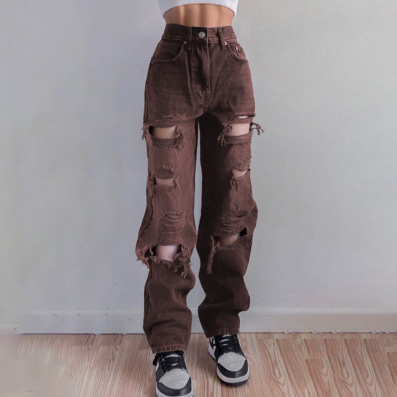 H&JACKY Black Jeans Fashion Women High Waist Straight Denim Mom Baggy Jeans Ripped Holes Breathable Long Denim Pants Washed